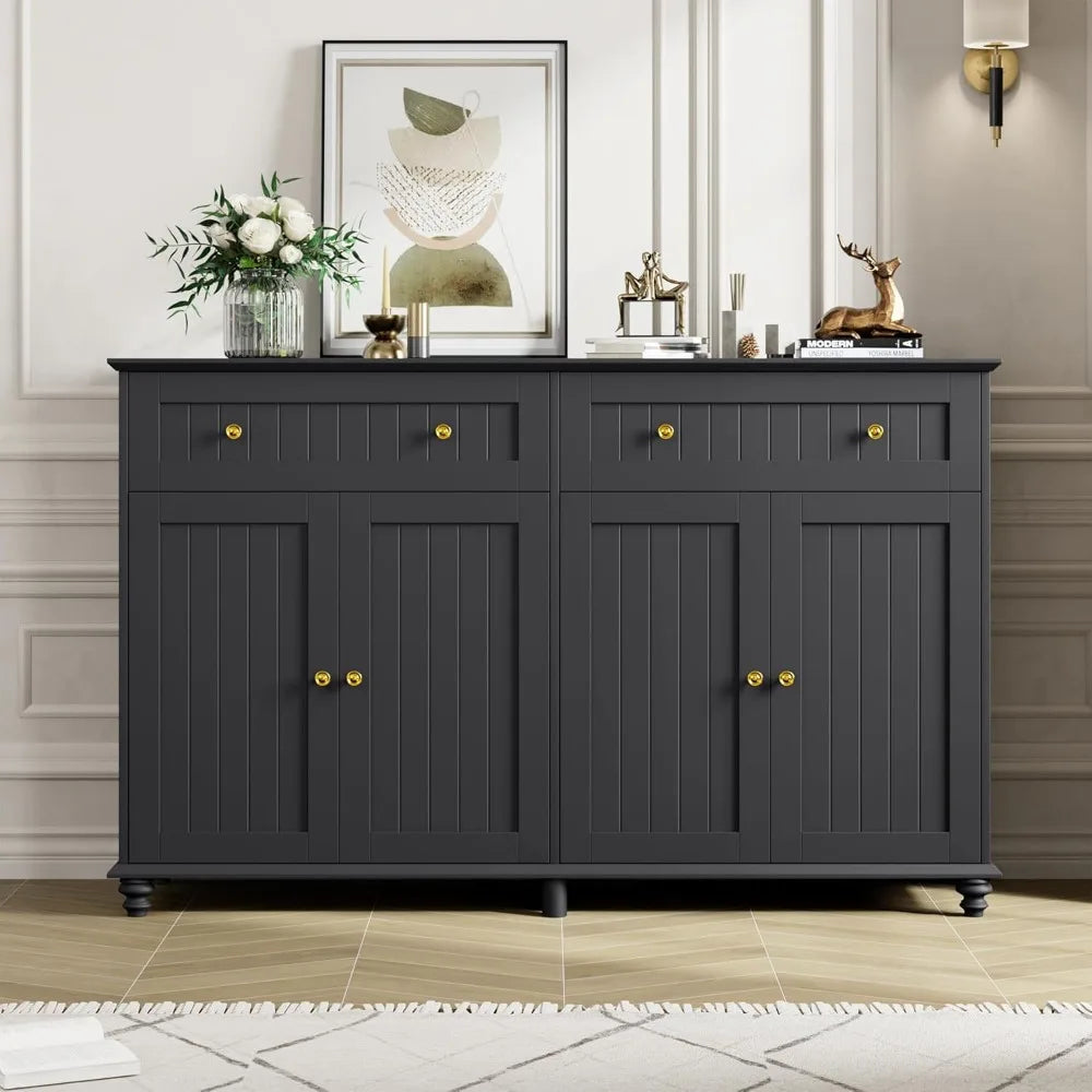 Buffet Cabinet with Storage, 55.1” Large Sideboard Buffet, Black Kitchen Cabinet with 2 Drawers and 4 Doors