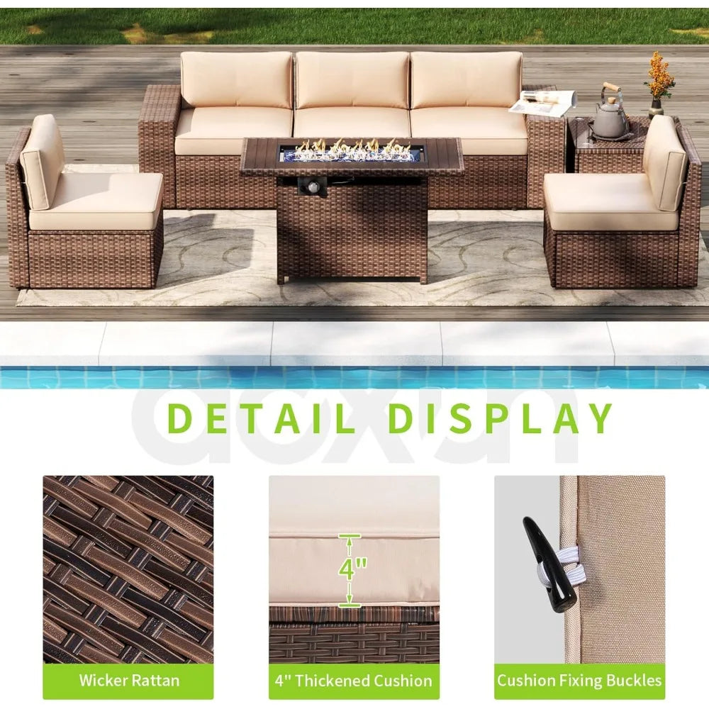 Patio 7 Piece Fire Pit Table Wicker Set Outdoor Cushions