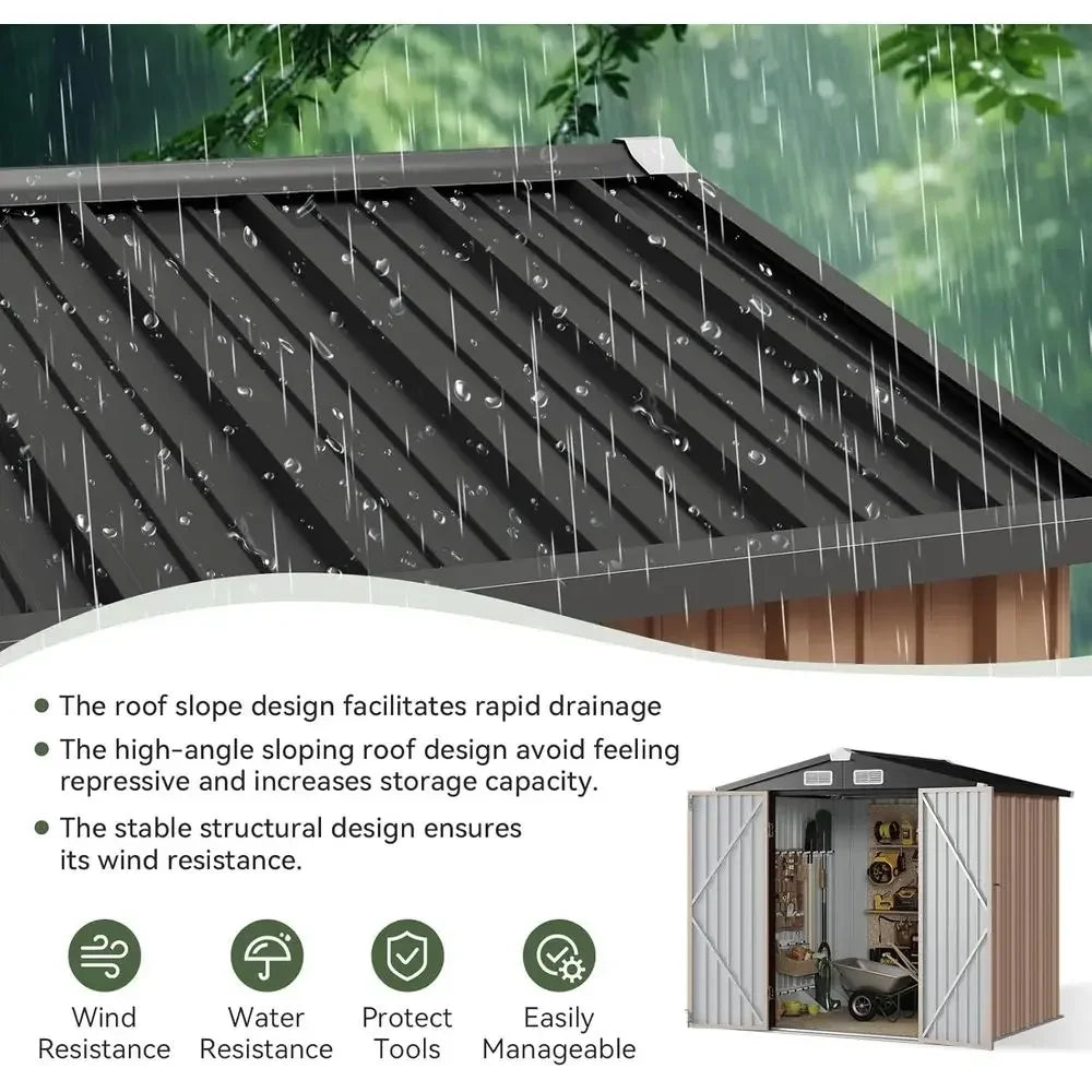 6.2x4ft Outdoor Storage Shed with Lockable Door and Sloping Roof - Brown Metal Garden Tool Shed for Backyard, Patio, Poolside