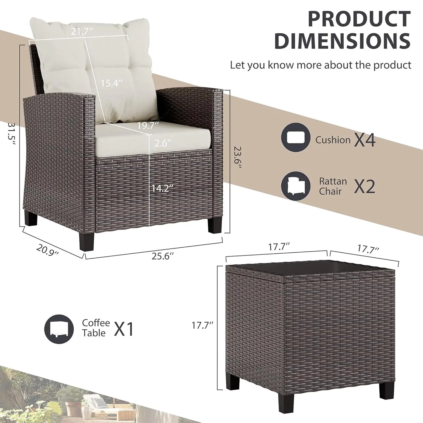 Patio Furniture Set Outdoor Wicker Rattan Bistro Cushioned Chairs