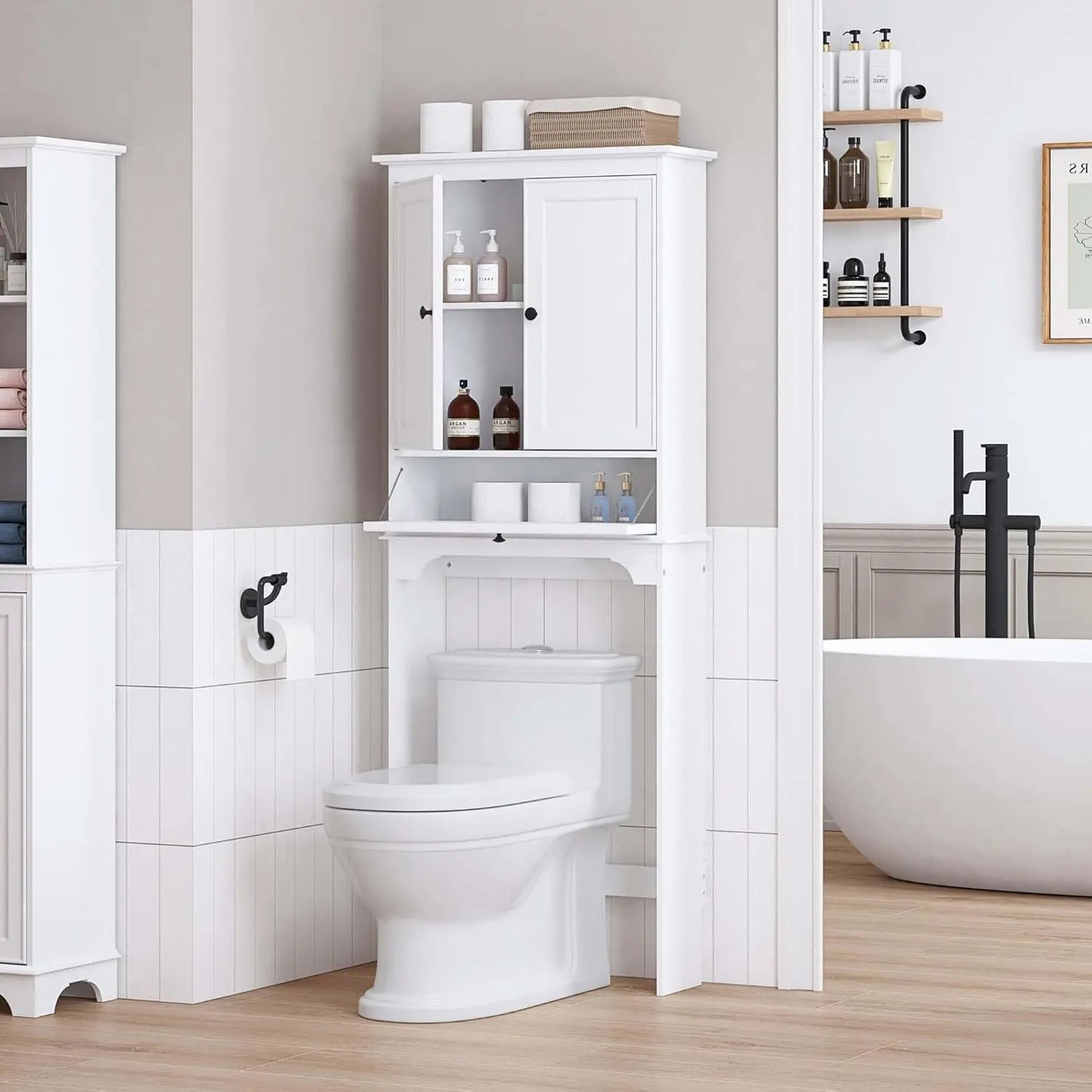 Bathroom Over the Toilet Storage Cabinet with Tilt-Out Cube, White | Space-saving Organizer for Small Bathrooms, Doors Conceal C