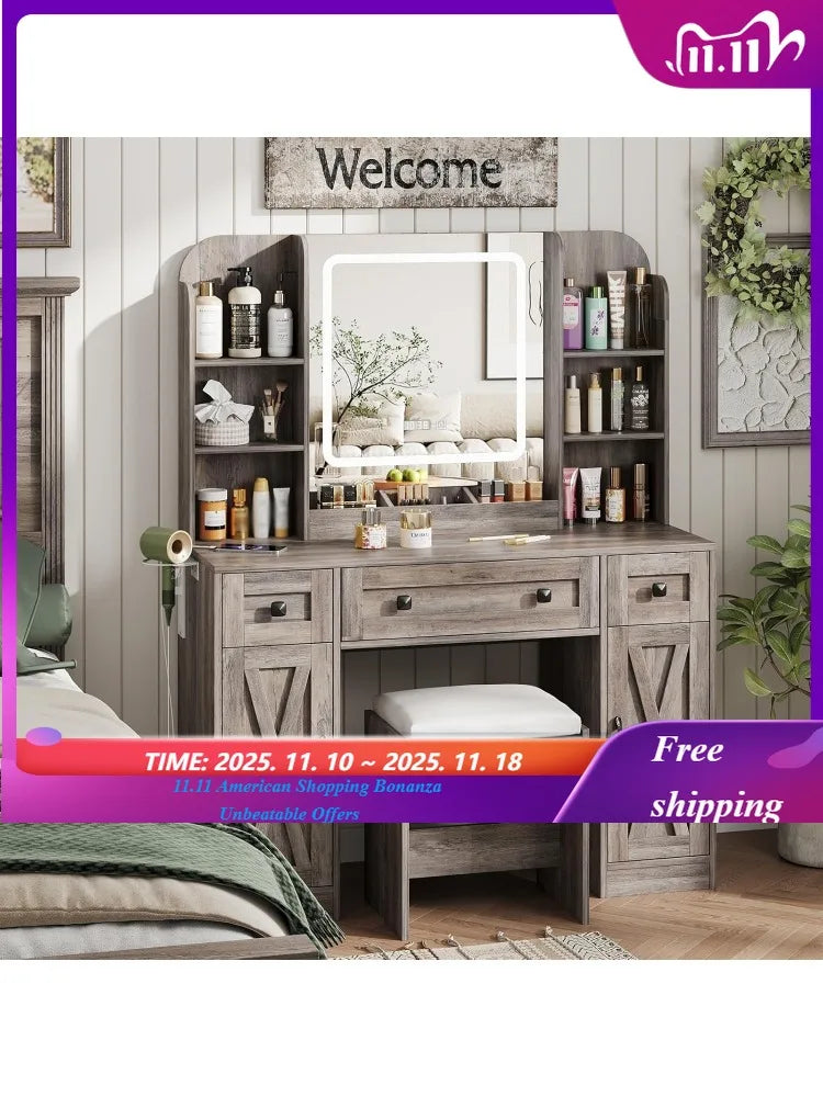 Makeup Vanity Desk With Mirror Lights And Chair Storage Drawers