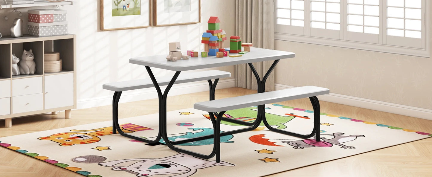 Picnic Table, Resin Dining Table & 2 Benches Set, Weather Resistant Wood Grain Tabletop & Steel Frame, Plastic Picnic Tables
