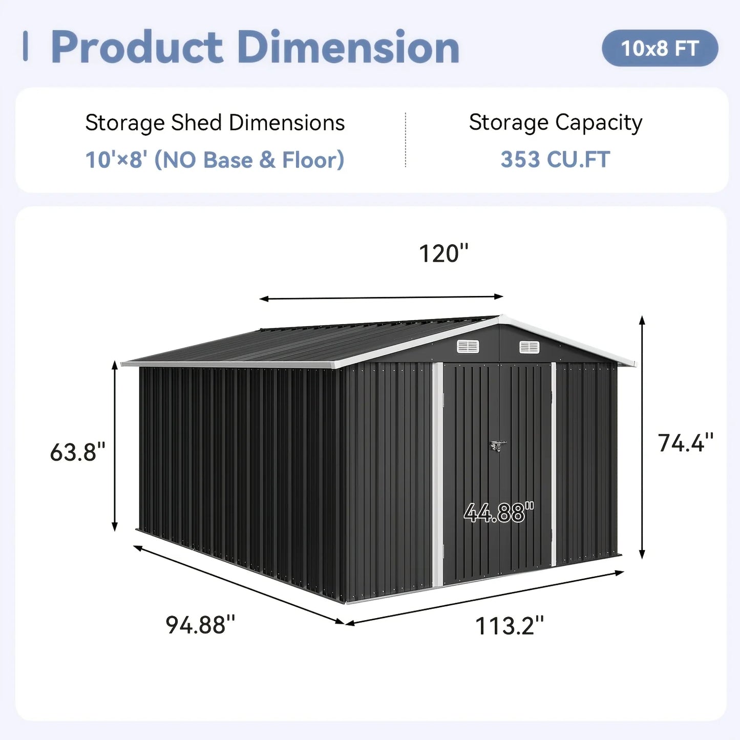 Stylish Gable Roof Metal Storage Shed – 6x4ft / 8x6ft / 10x8ft Options | Lockable Double Doors, Ventilation Panels & Rust-Resistant Coated Steel Construction | Ideal for Garden Tools, Patio Gear or Backyard Organization | E