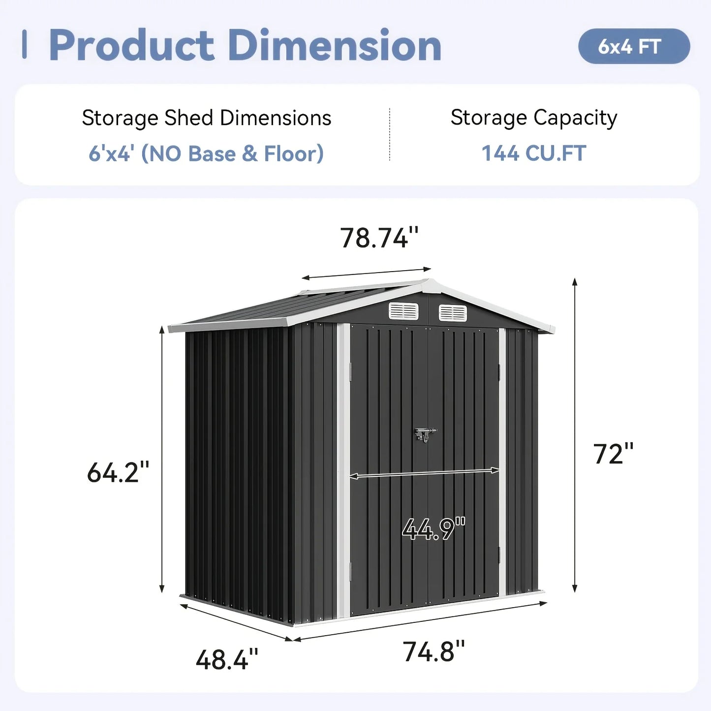 Stylish Gable Roof Metal Storage Shed – 6x4ft / 8x6ft / 10x8ft Options | Lockable Double Doors, Ventilation Panels & Rust-Resistant Coated Steel Construction | Ideal for Garden Tools, Patio Gear or Backyard Organization | E