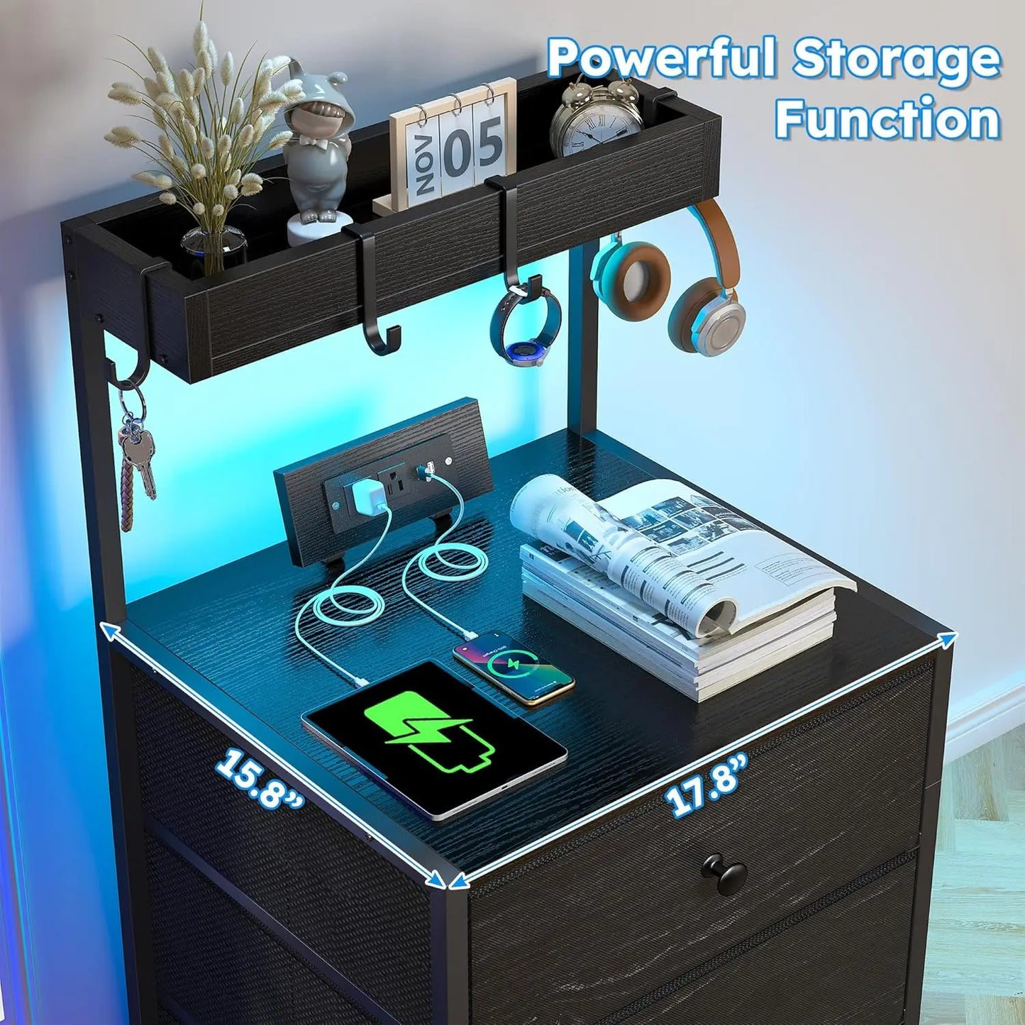 Tall Nightstand Set of 2 With Charging Station LED Drawers