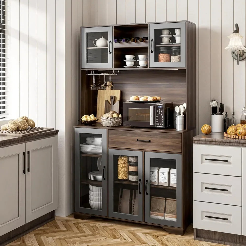 Coffee Bar Cabinet With Charging Station LED Lights Wine Rack