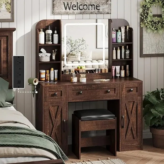 Makeup Vanity Desk With Mirror Lights And Chair Storage Drawers