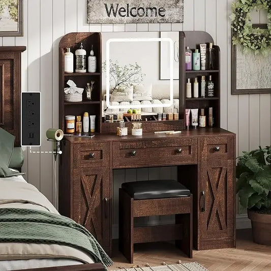 Makeup Vanity Desk With Mirror Lights And Chair Temperature Display