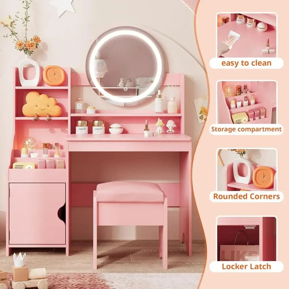 Children's Vanity Set with Lights, Makeup Desk, Storage Cabinet, Toddler Vanity Table and Chair, Pretend Play Vanity for Little