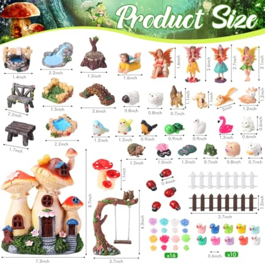 100 Pcs Fairy House Garden Kit Accessories Miniatures Fairy Figures Gnomes Mushroom House Solar Light Resin Dwarfs Statue Micro