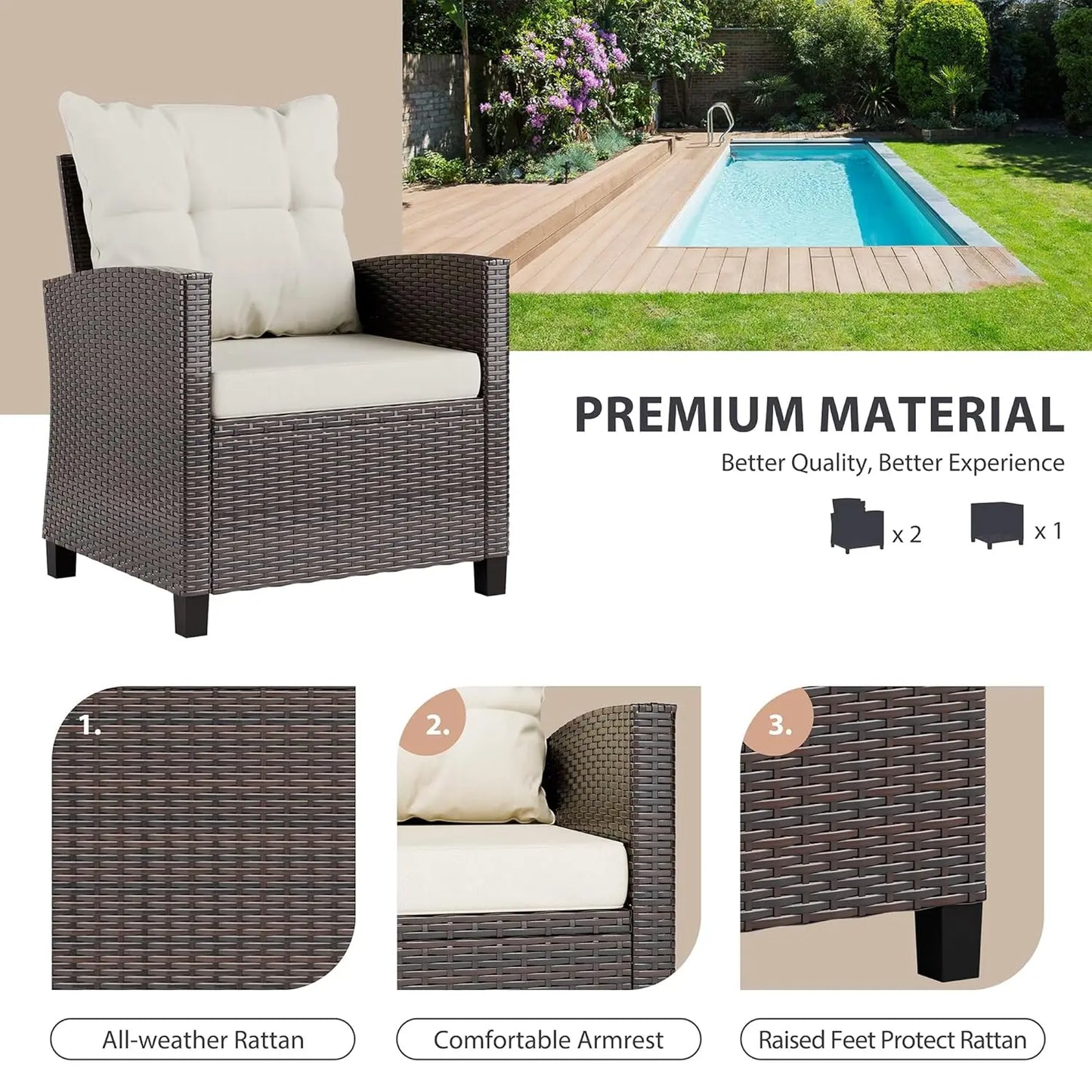 Outdoor 3 Piece Patio Furniture Set Wicker Rattan Cushioned Chairs