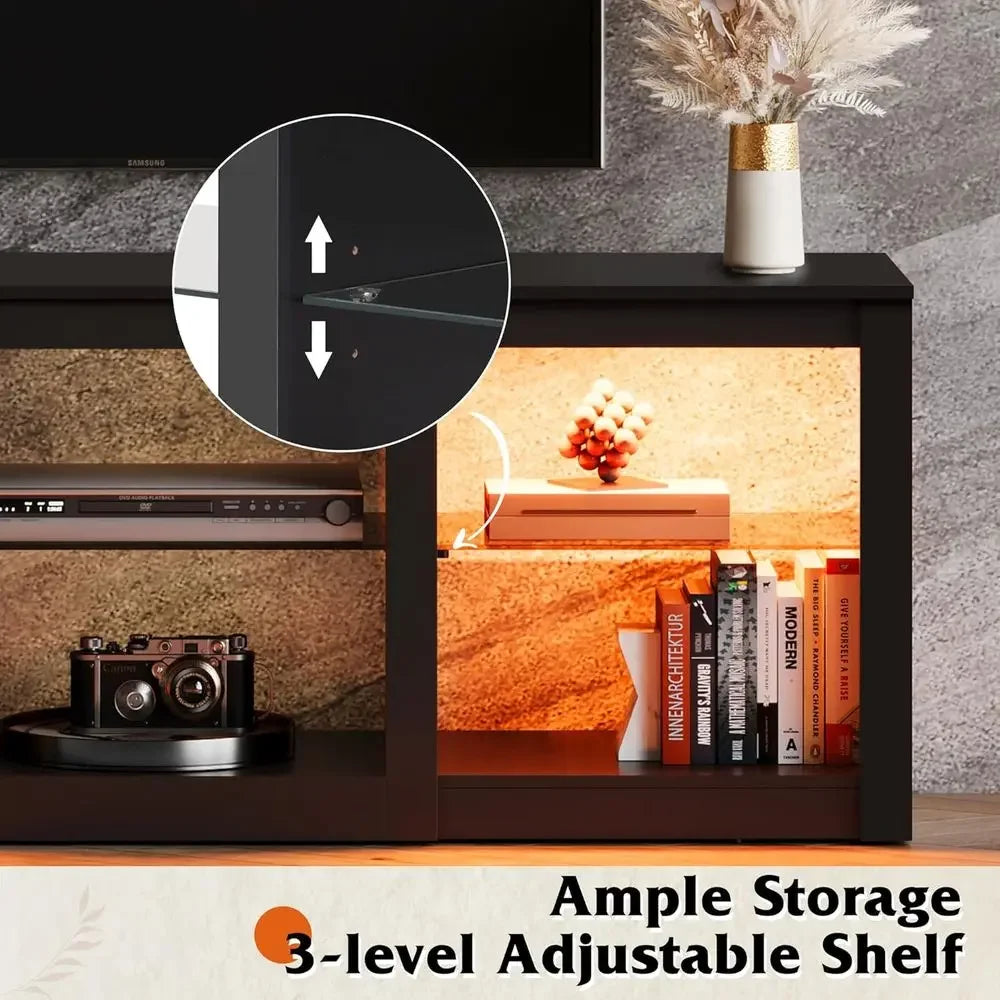 65-70 Inch LED TV Stand with Adjustable Glass Shelves, RGB Lights, and Wood Media Table for Living Room, Bedroom, or Gaming Room