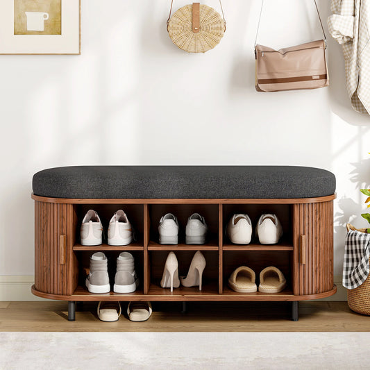 43.3 inch Shoe Storage Bench, 3 Tier Shoe Rack Bench Organizer with Storage, Cushion and Sliding Door Removable