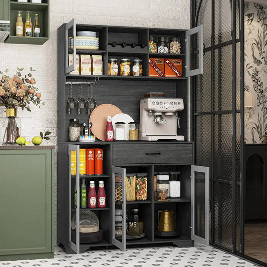 Coffee Bar Cabinet With Charging Station LED Lights Wine Rack