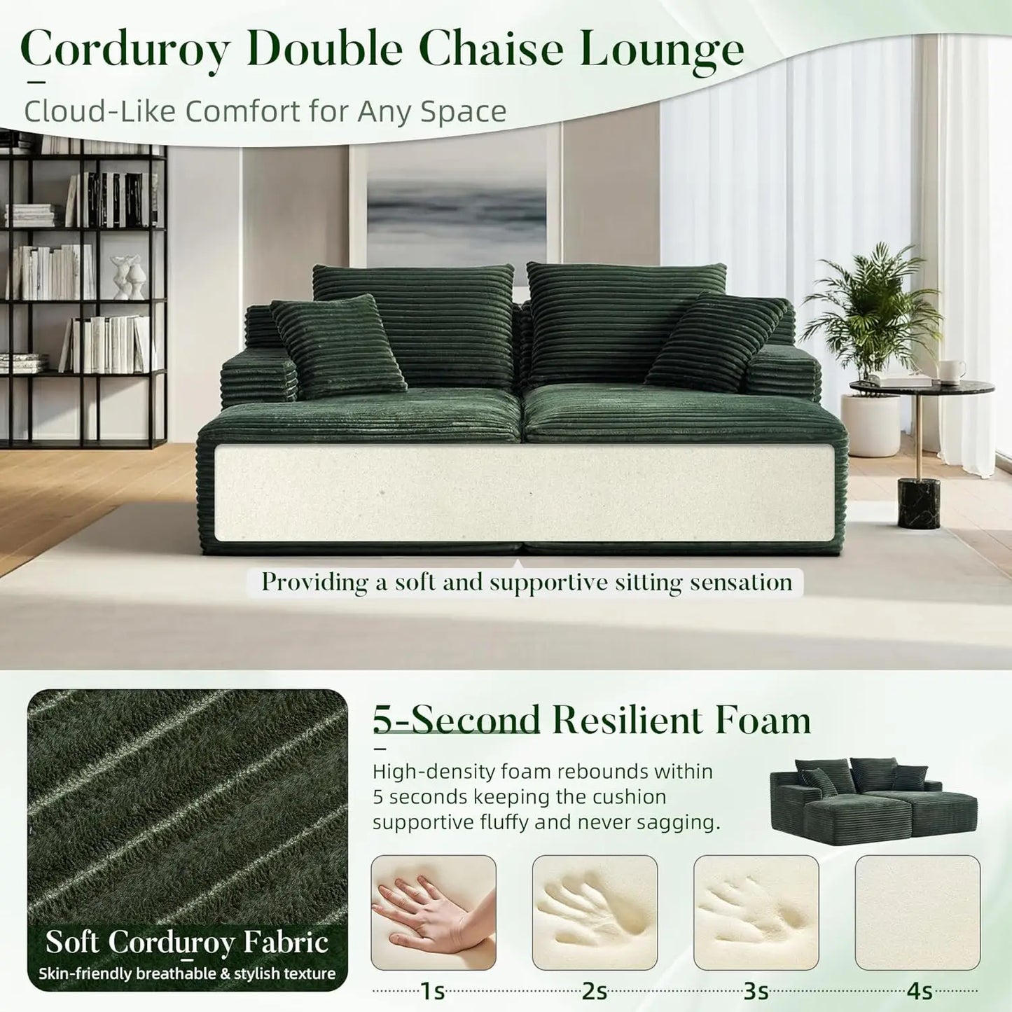 Double Chaise Lounges Plush Upholstered Boneless Couch Deep Seat