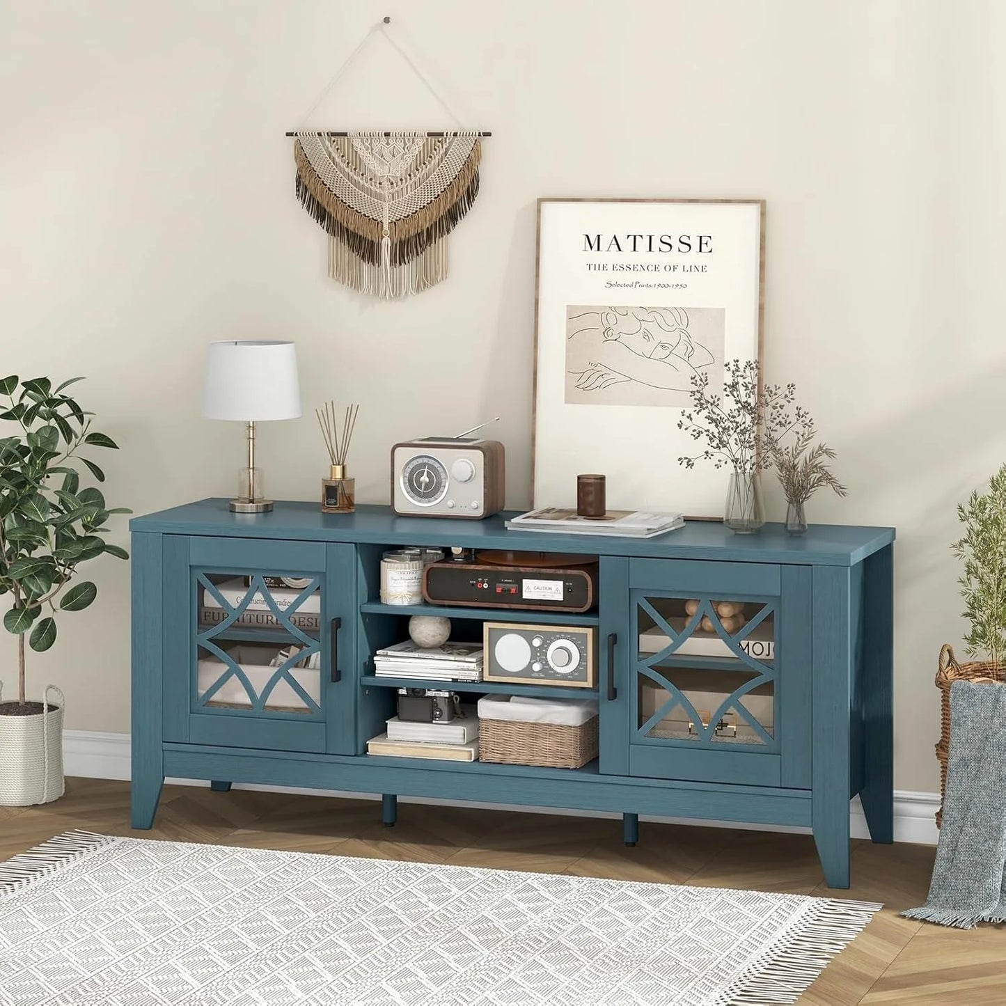 Farmhouse TV Stand With Glass Doors And Adjustable Shelves