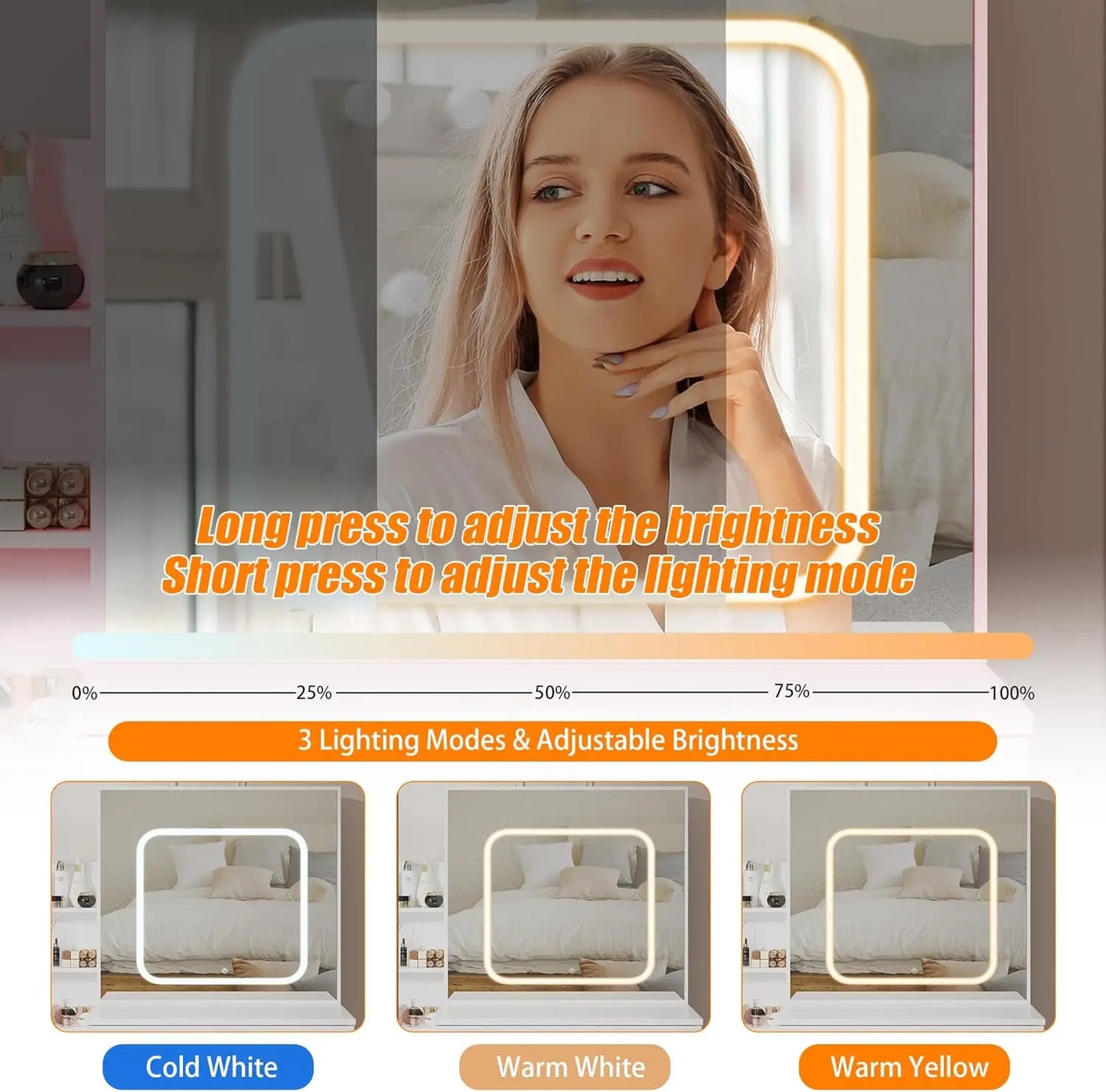 Vanity Desk with Mirror and Led Lights, Makeup Vanity Desk with Sliding Lighted Mirror, Dressing Table Storage for Bedroom