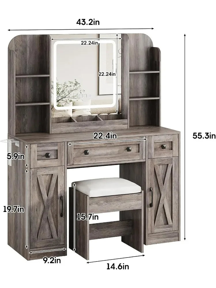 Makeup Vanity Desk With Mirror Lights And Chair Storage Drawers