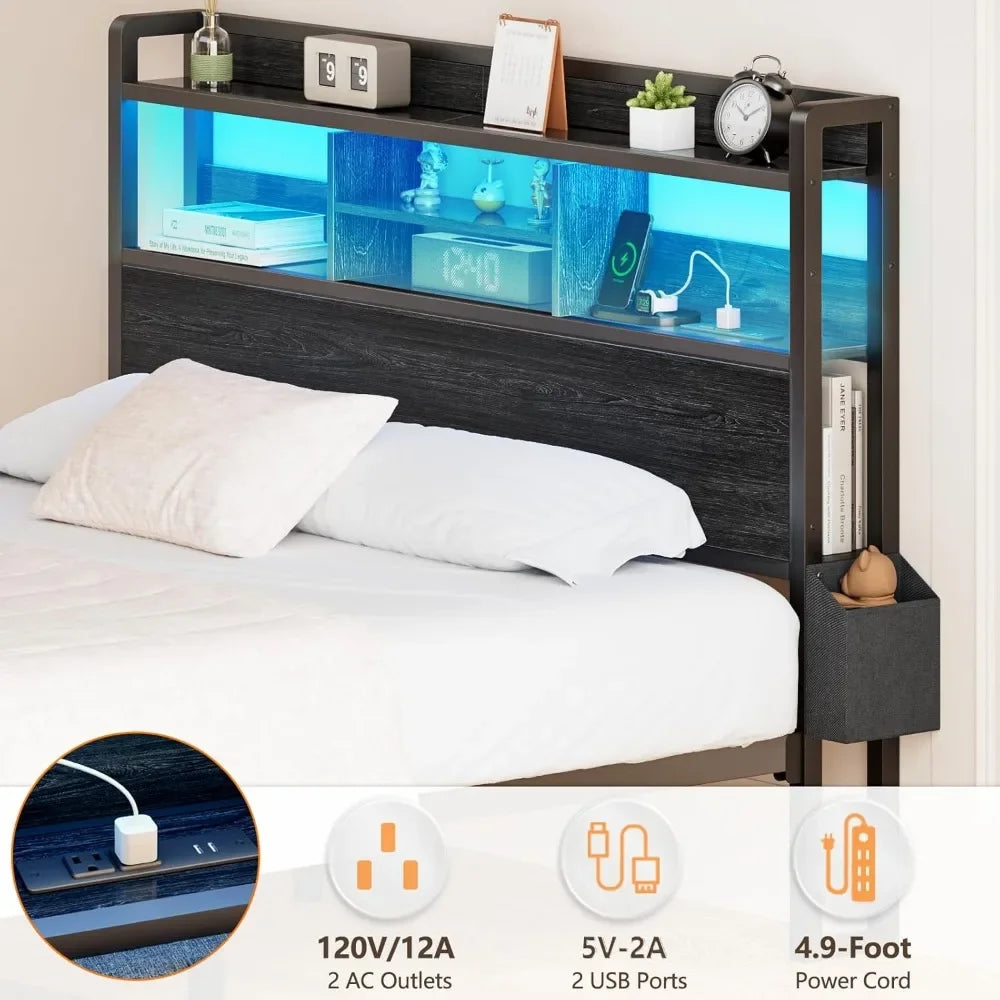 Bed Frame With Wood Headboard And Metal Platform With Drawers