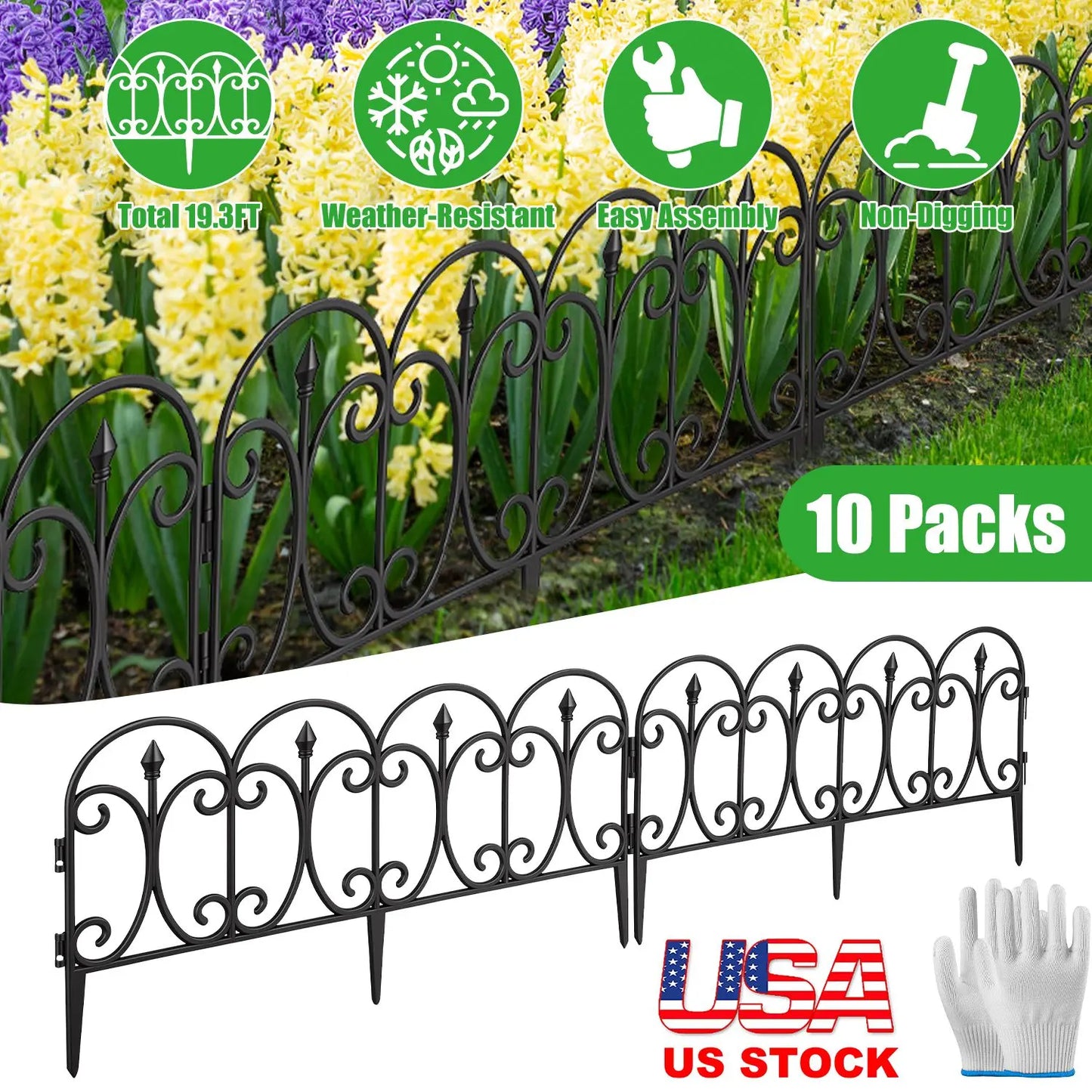19.3ft Garden Decorative Fence 10Packs No-Dig Landscape Edging Flower Bed Border Rustproof Plastic Lawn Fence Outdoor US Stock