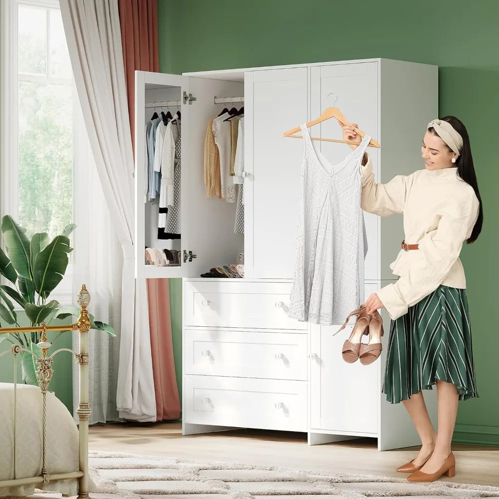 Armoire Wardrobe Closet with Drawers and Mirror, 71" Clothing Storage Cabinet with Hanging Rod, 4 Doors Wooden, Customized