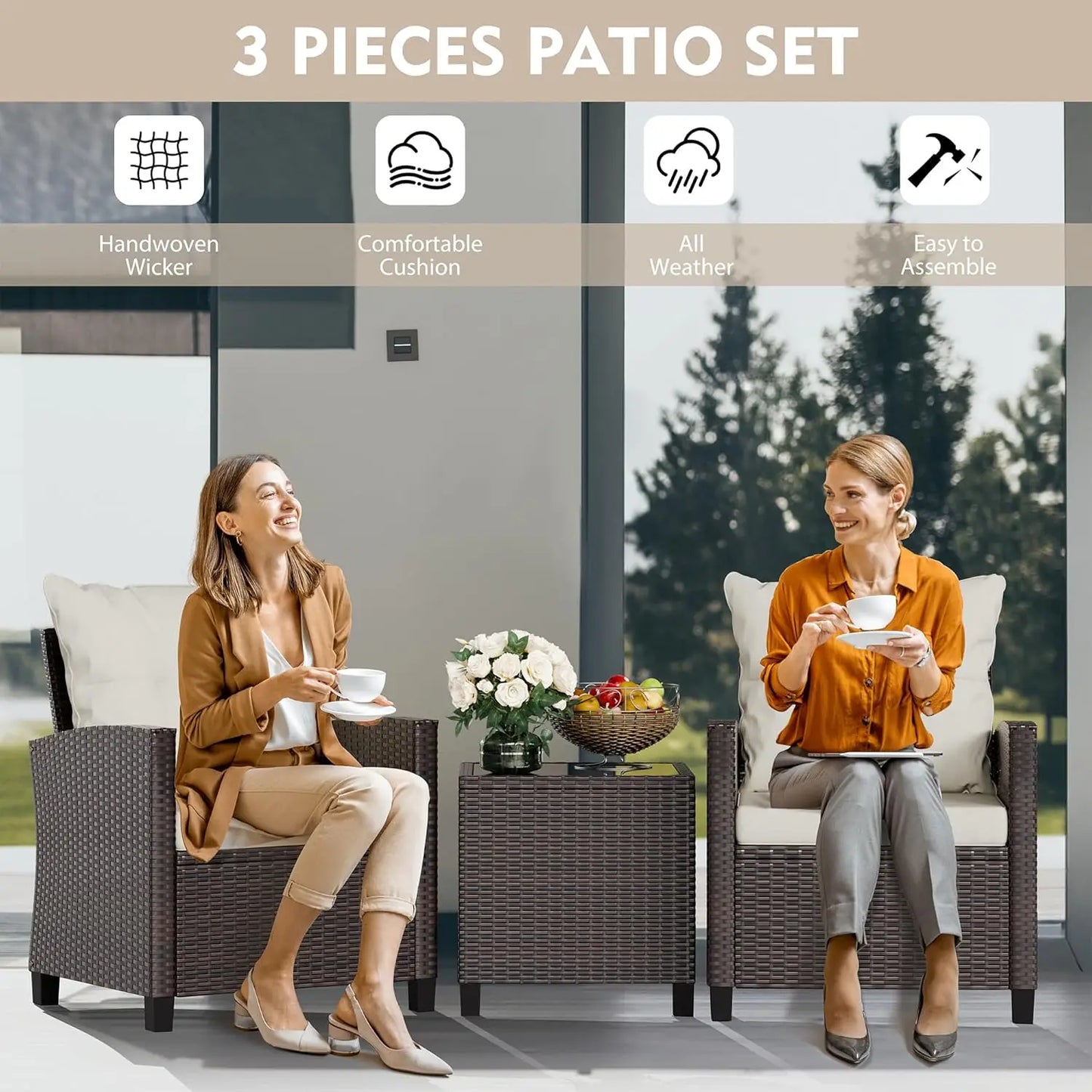 Outdoor 3 Piece Patio Furniture Set Wicker Rattan Cushioned Chairs