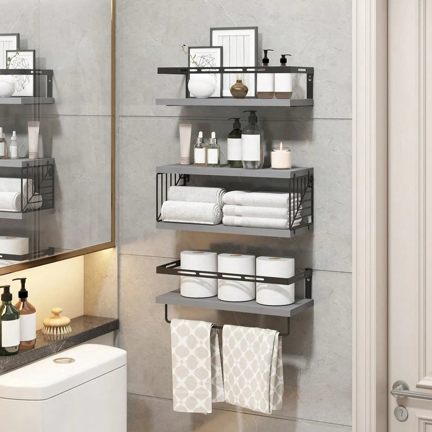 Wall Mounted Bathroom Shelves Over Toilet Rustic Wood Metal Frame