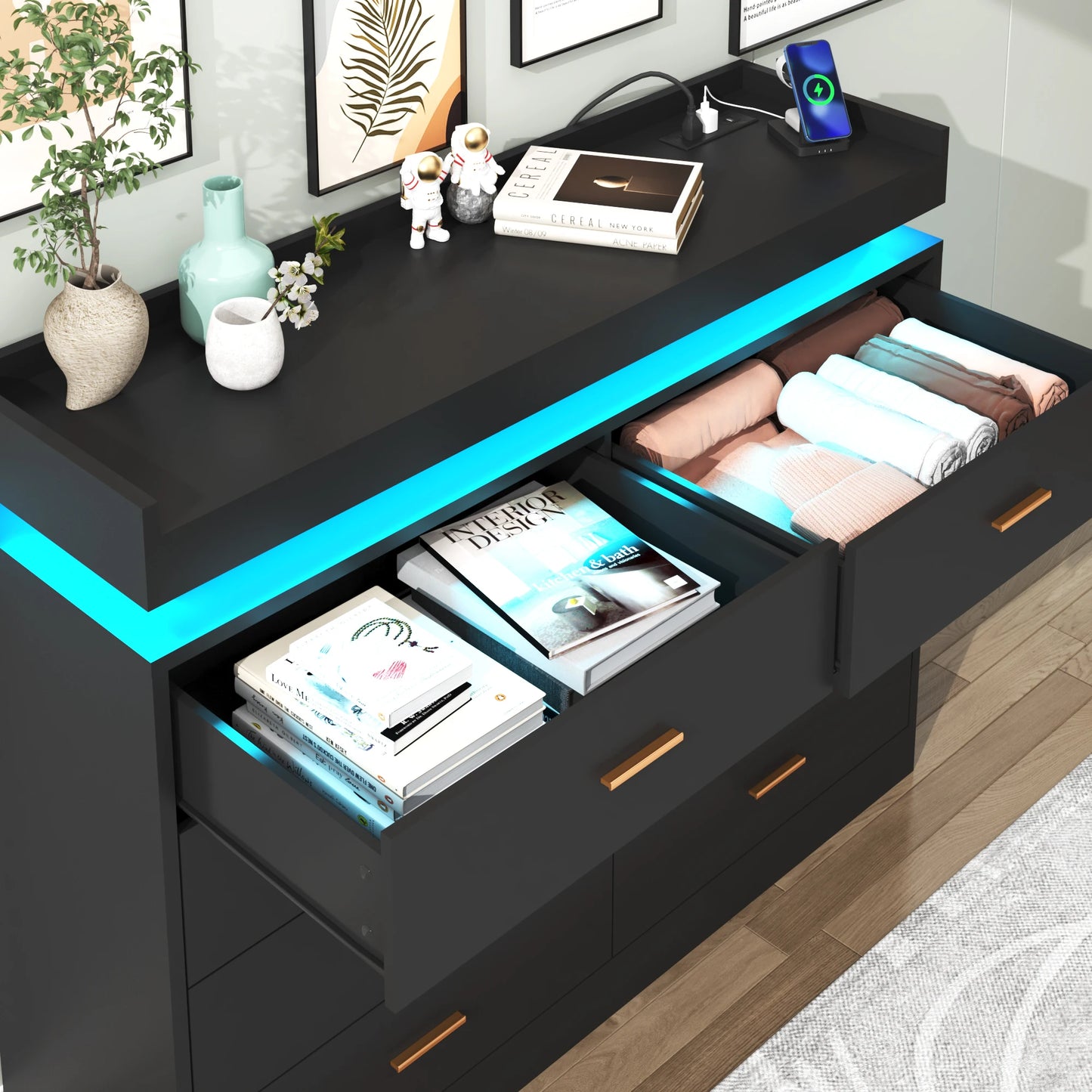 8 Drawer Dresser with LED Light, Modern Chest of Drawers for Closet, 47" Wide Drawer Organizer Cabinet for Bedroom, Living Room