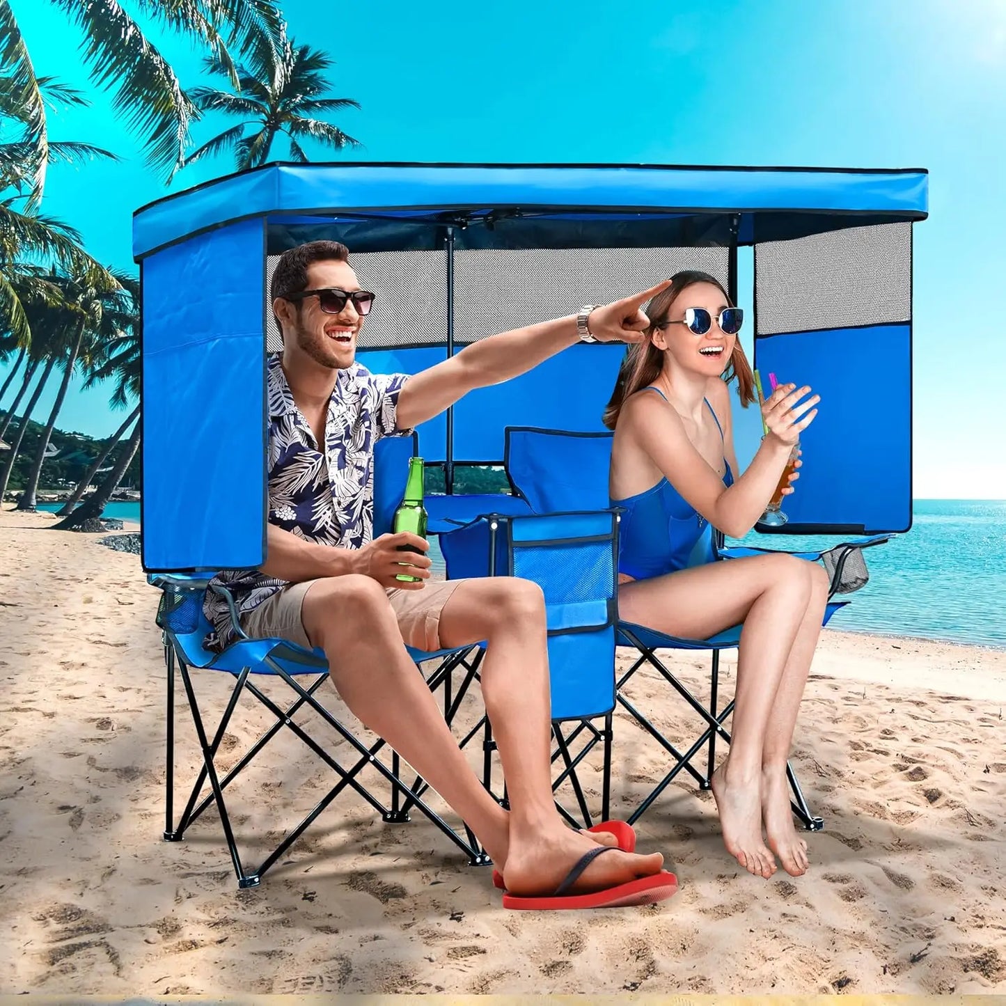 Double Beach Chair With Canopy Shade Folding Cup Holder Loveseat