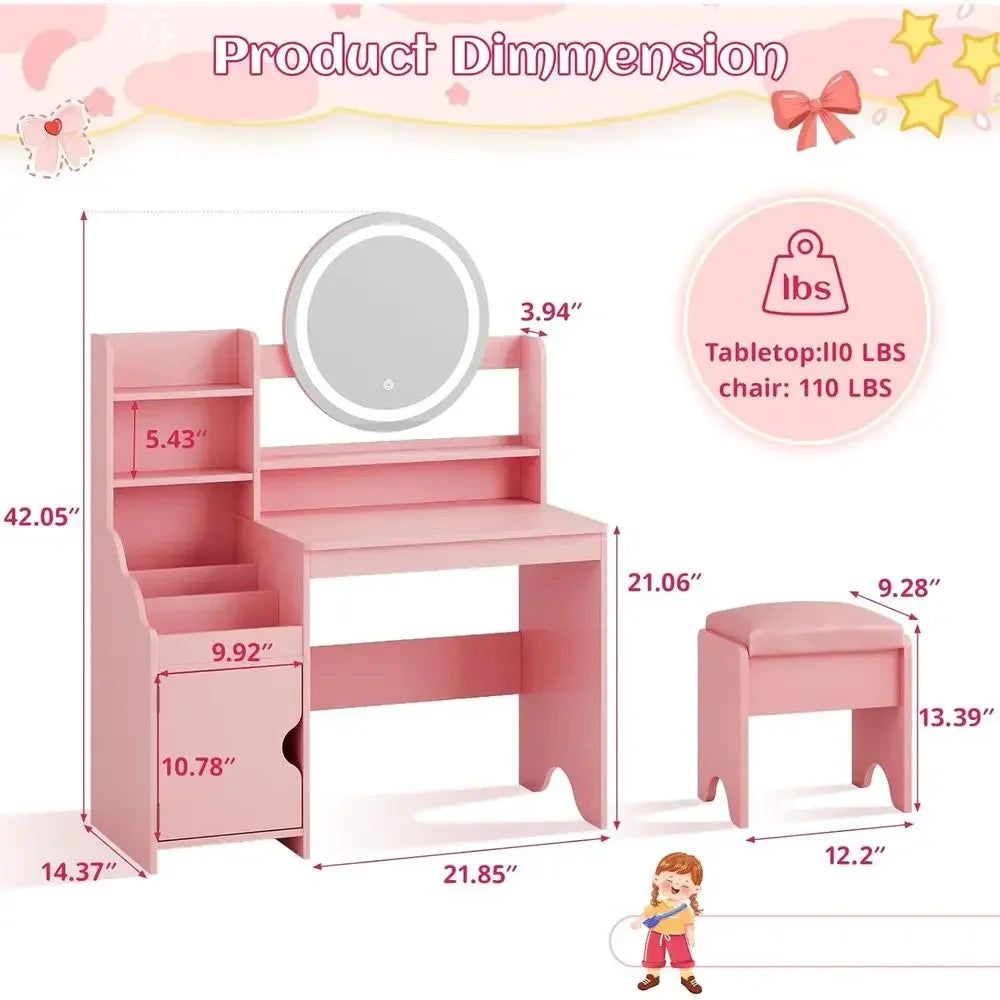 Children's Vanity Set with Lights, Makeup Desk, Storage Cabinet, Toddler Vanity Table and Chair, Pretend Play Vanity for Little