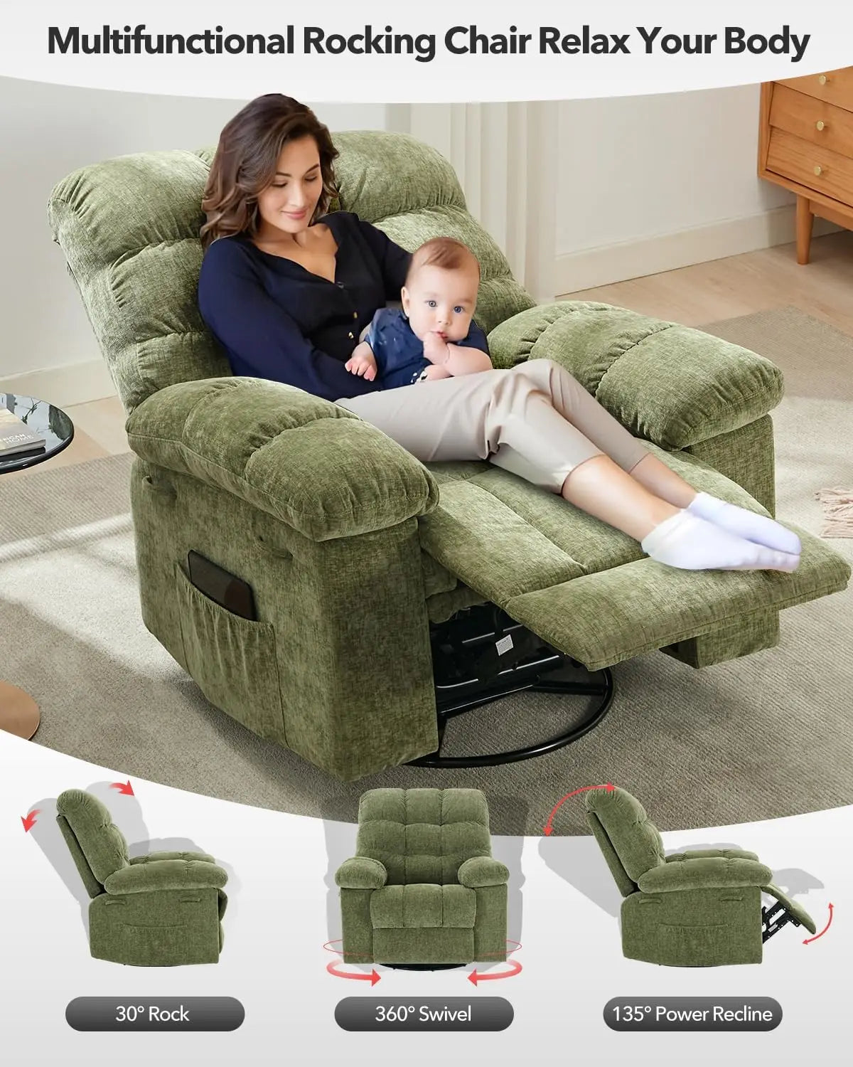 HiMISS Rocker Recliner Chair For Adults Overstuffed Manual Glider