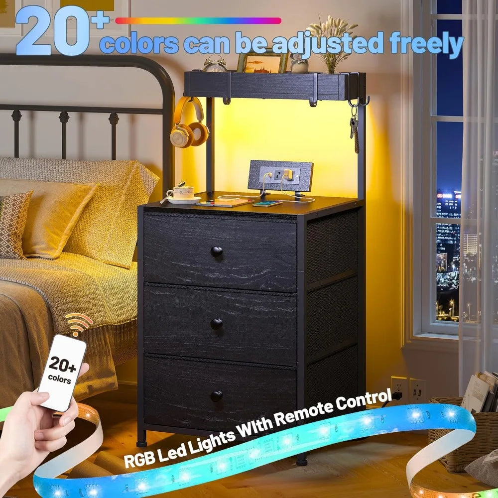 Tall Nightstand Set of 2 With Charging Station LED Drawers