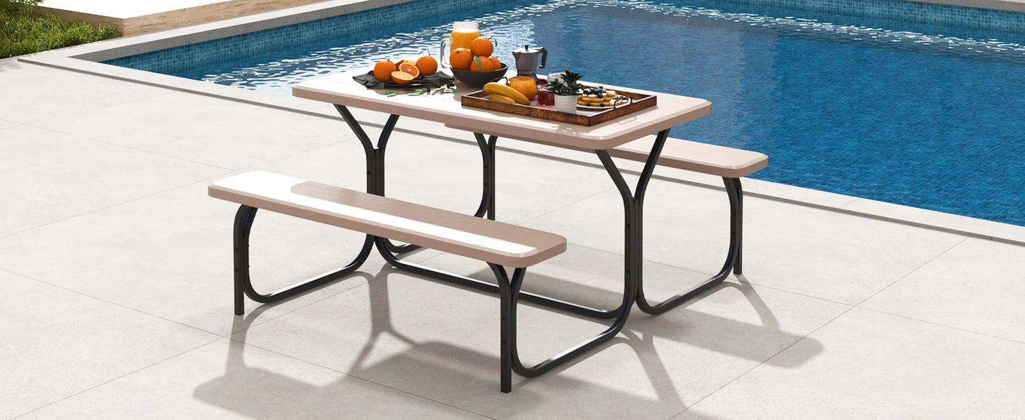 Picnic Table, Resin Dining Table & 2 Benches Set, Weather Resistant Wood Grain Tabletop & Steel Frame, Plastic Picnic Tables