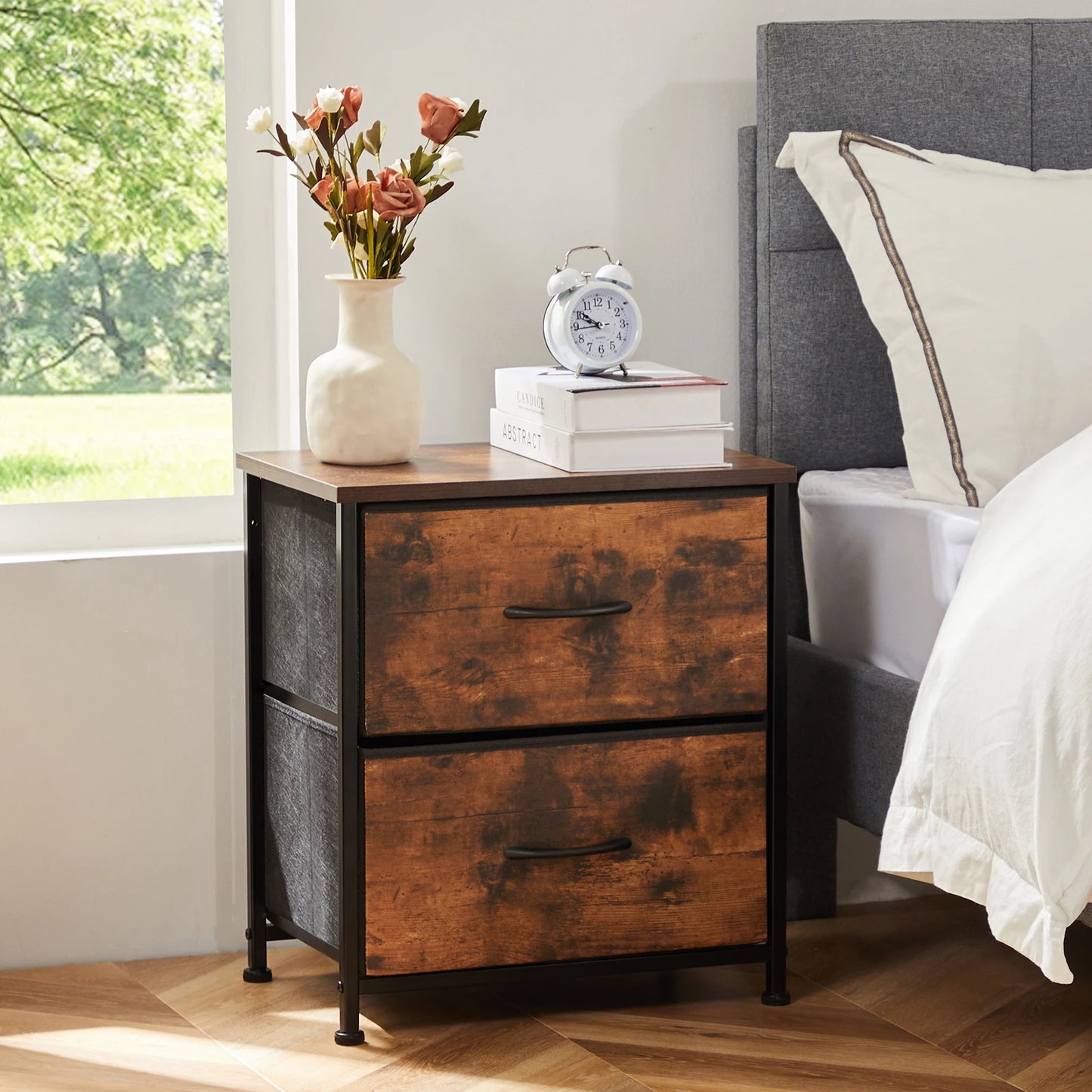 JHK Nightstand Bedside Table With Fabric Drawers And Cabinet