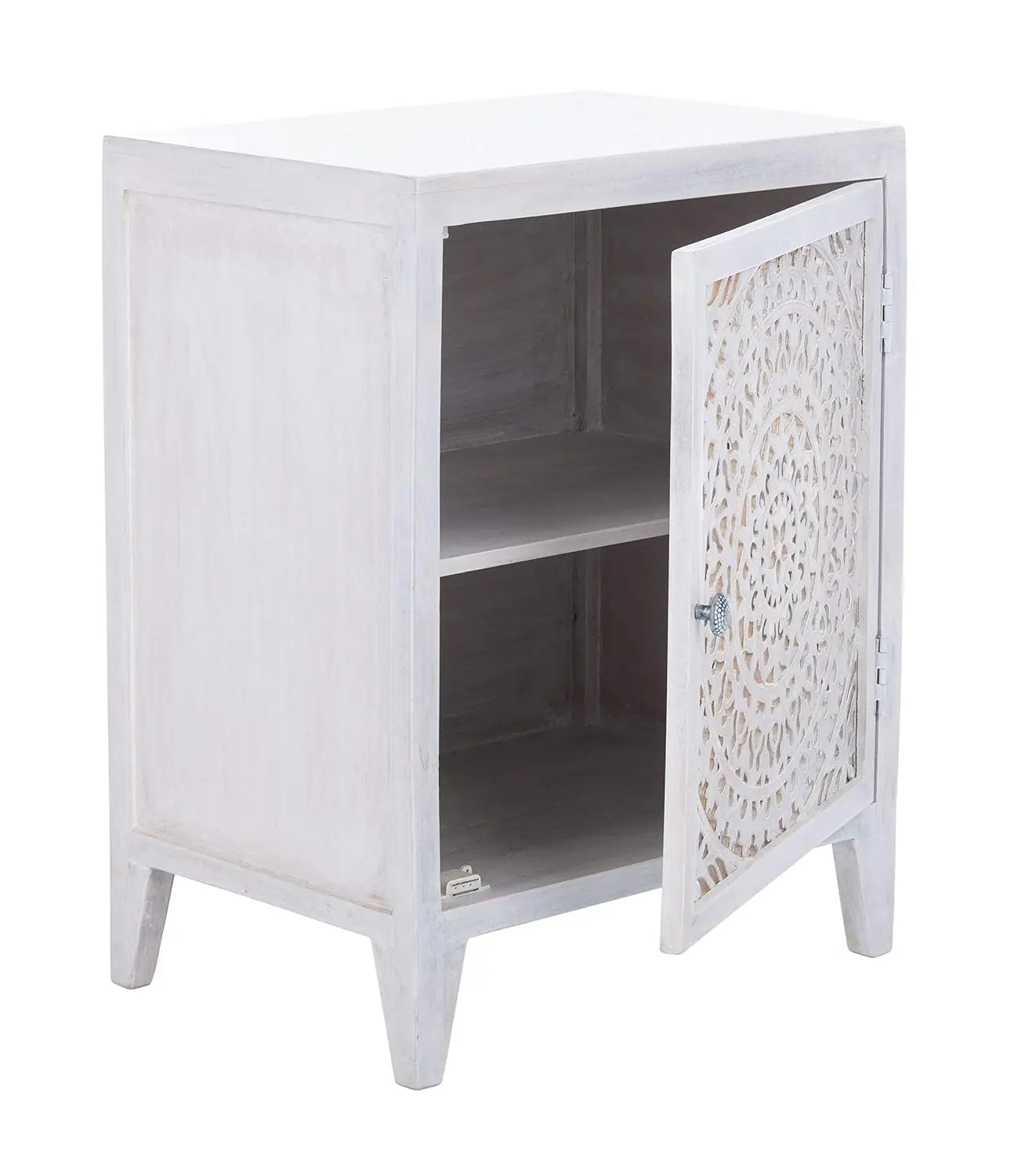 Carved Mandala Door Storage Nightstand Thea Wash Boho Bedroom Table