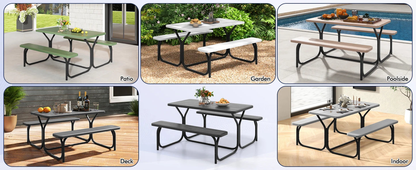 Picnic Table, Resin Dining Table & 2 Benches Set, Weather Resistant Wood Grain Tabletop & Steel Frame, Plastic Picnic Tables