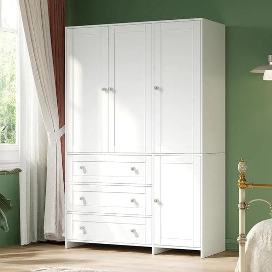 Armoire Wardrobe Closet with Drawers and Mirror, 71" Clothing Storage Cabinet with Hanging Rod, 4 Doors Wooden, Customized