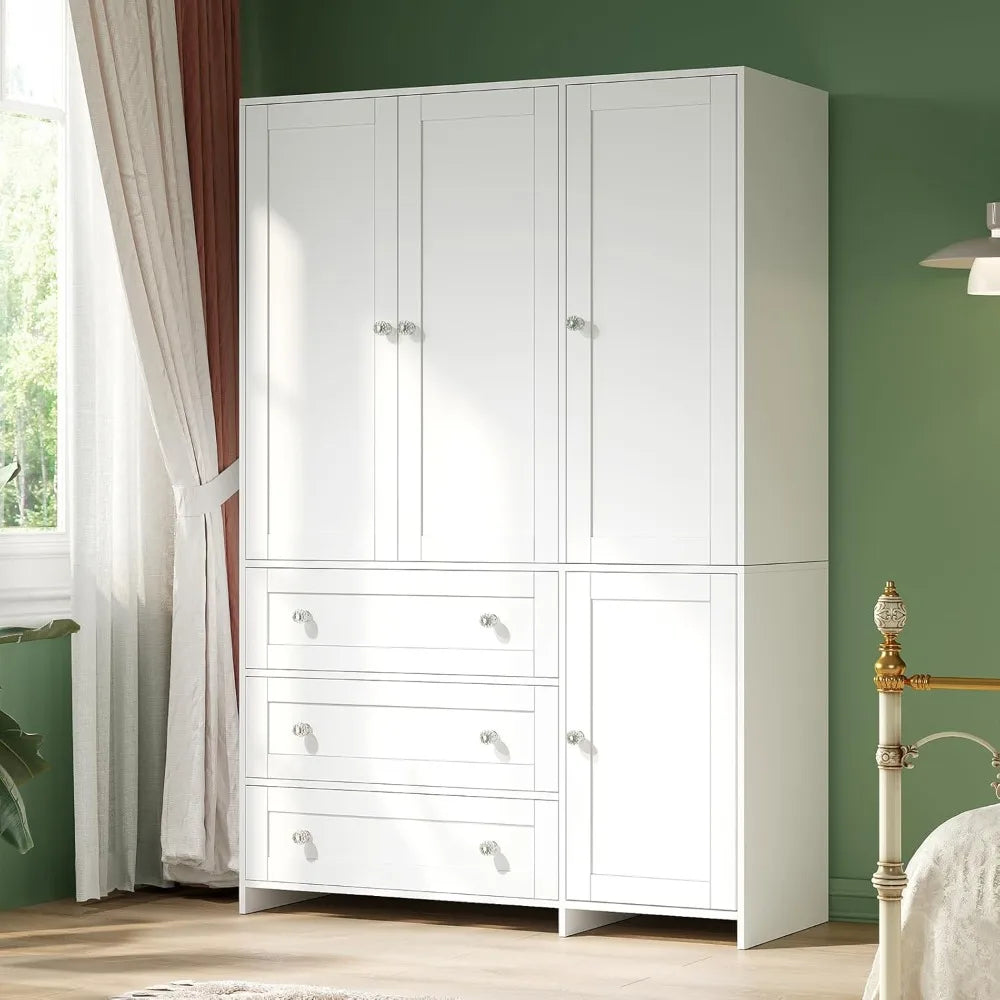 Armoire Wardrobe Closet with Drawers and Mirror, 71" Clothing Storage Cabinet with Hanging Rod, 4 Doors Wooden, Customized