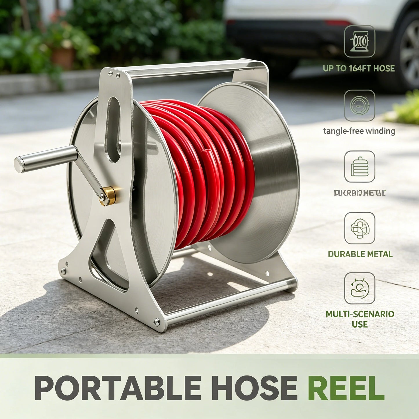 Heavy-Duty Water Hose Reel, Stable Garden Hose Storage Rack with Handle and Fittings for Home Garden, Yard, and Outdoor Cleaning