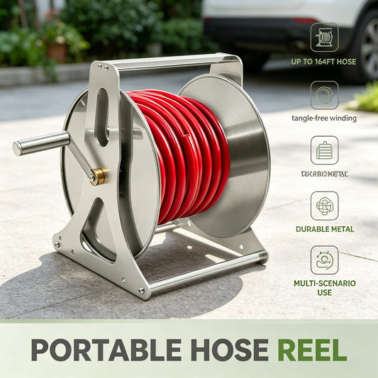 Heavy-Duty Water Hose Reel, Stable Garden Hose Storage Rack with Handle and Fittings for Home Garden, Yard, and Outdoor Cleaning