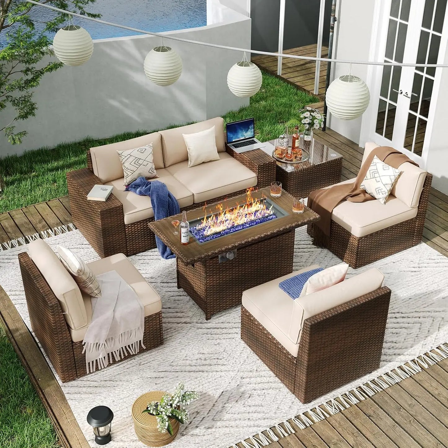 Patio 7 Piece Fire Pit Table Wicker Set Outdoor Cushions