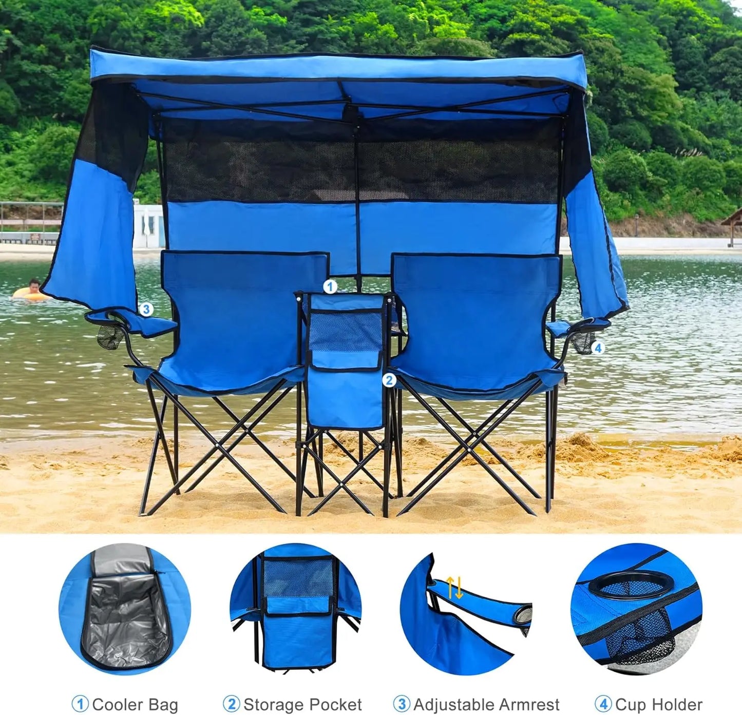 Double Beach Chair With Canopy Shade Folding Cup Holder Loveseat