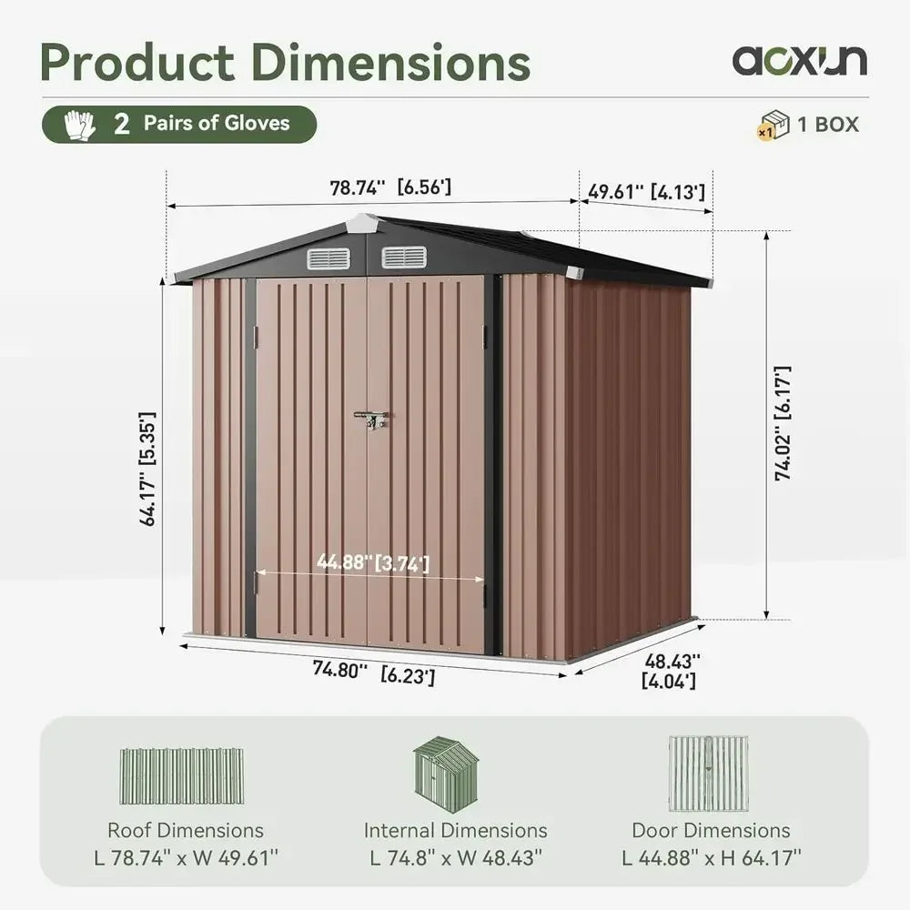 6.2x4ft Outdoor Storage Shed with Lockable Door and Sloping Roof - Brown Metal Garden Tool Shed for Backyard, Patio, Poolside