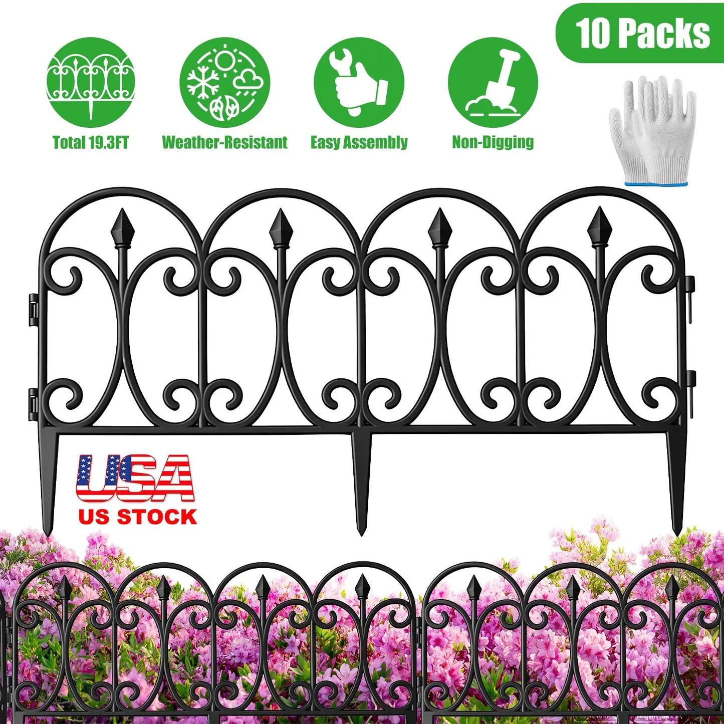 19.3ft Garden Decorative Fence 10Packs No-Dig Landscape Edging Flower Bed Border Rustproof Plastic Lawn Fence Outdoor US Stock