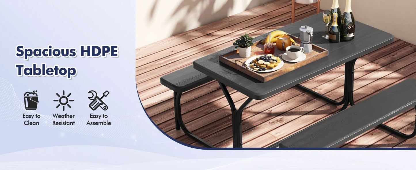 Picnic Table, Resin Dining Table & 2 Benches Set, Weather Resistant Wood Grain Tabletop & Steel Frame, Plastic Picnic Tables