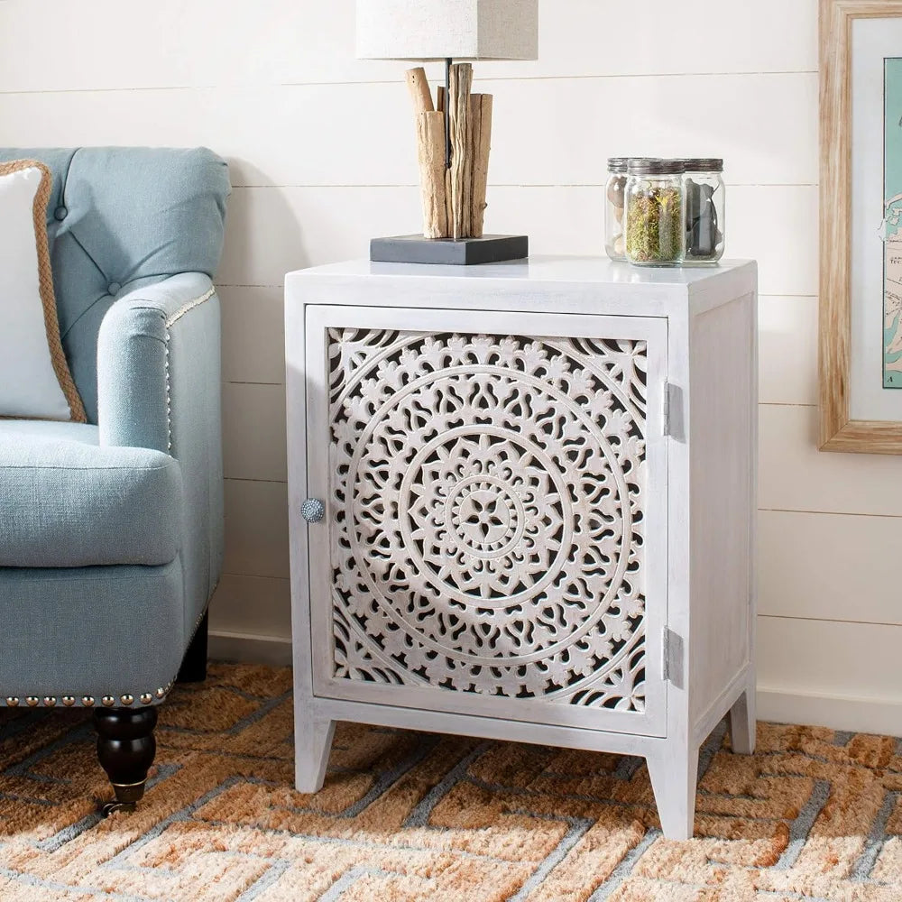 Carved Mandala Door Storage Nightstand Thea Wash Boho Bedroom Table