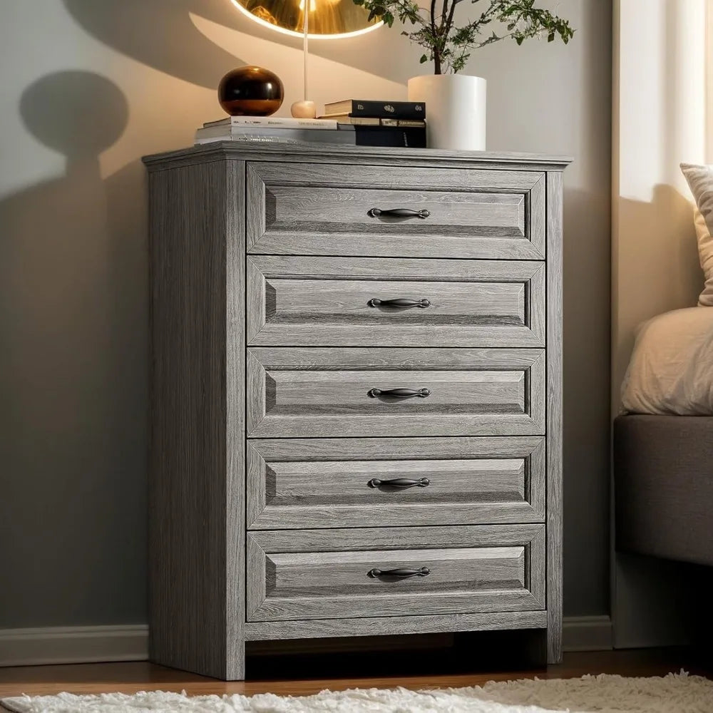 Grey 5 Drawers Dresser Chests for Bedroom, 42.7 Inch Tall Wooden Dresser, Farmhouse Storage Organizer with Large Drawer