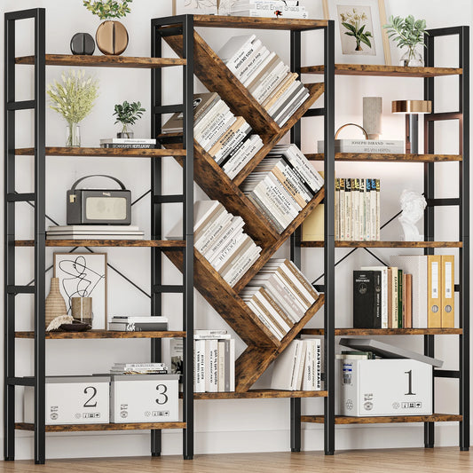 Triple 5 Tier Bookshelf, Large Wooden Bookcase with 17 Open Display Shelves, Modern Tree Book Shelf Metal Frame Tall Bookshelves