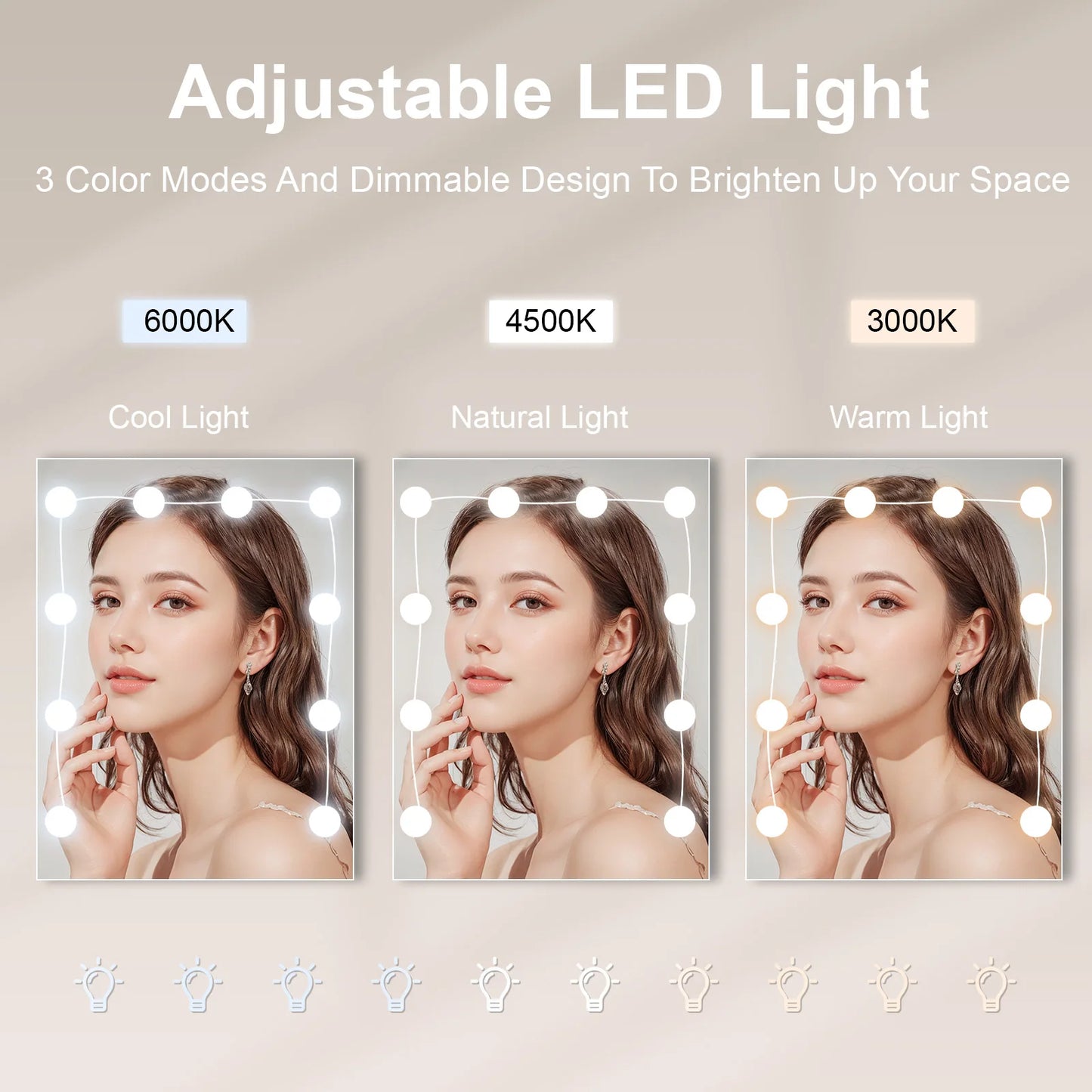 Modern White Dressing Table Stool Set with 3-Color Adjustable LED Light Mirror 4 Drawers For Bedroom Living Room Vanity Table